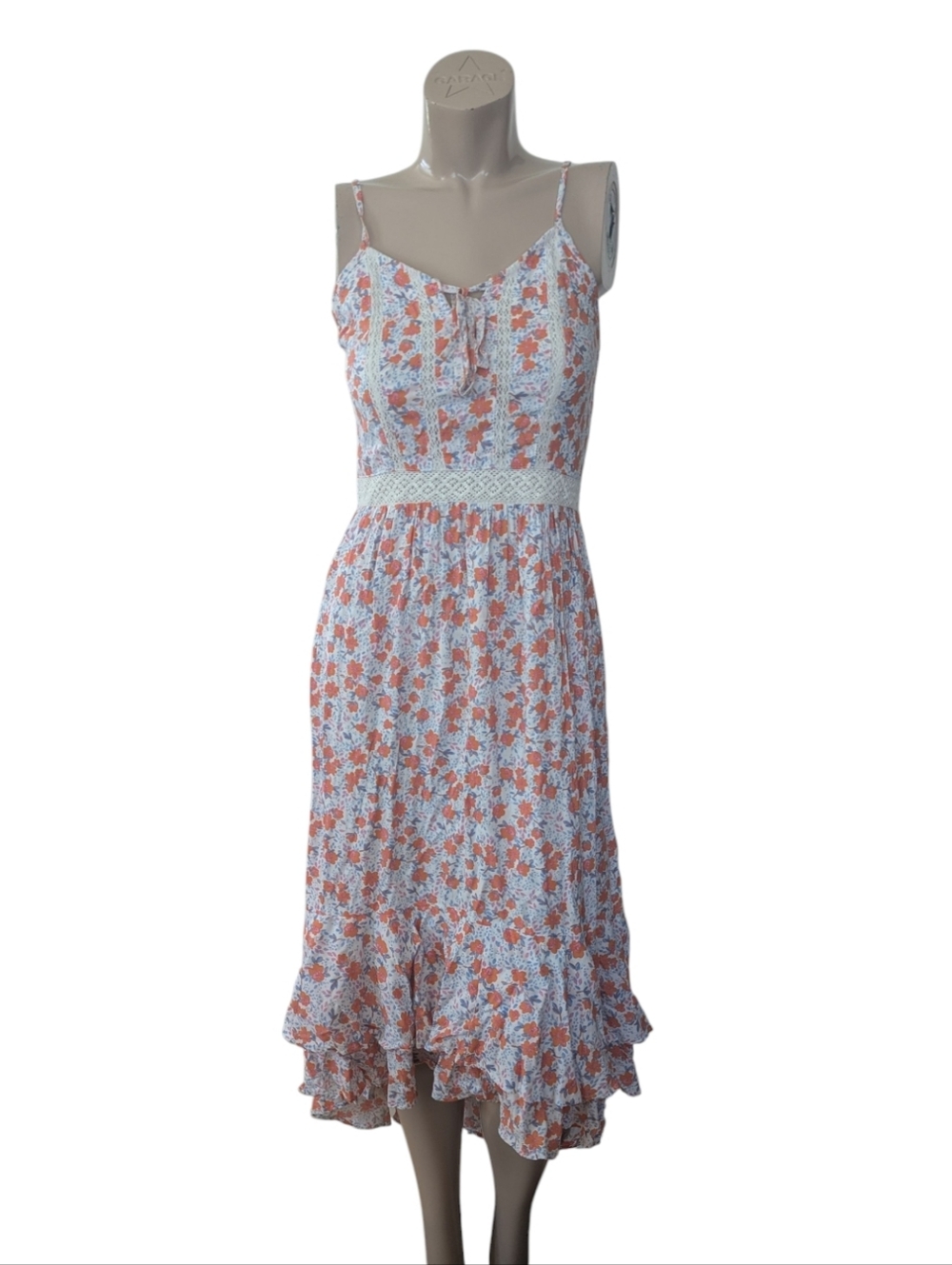 Japna Coral Floral Midi Dress with Lace Waist